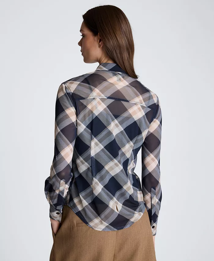 Women's Button Front Plaid Mesh Shirt - thumbnail 4