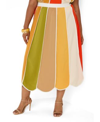 Women's Plus Size Striped Paneled Midi Skirt