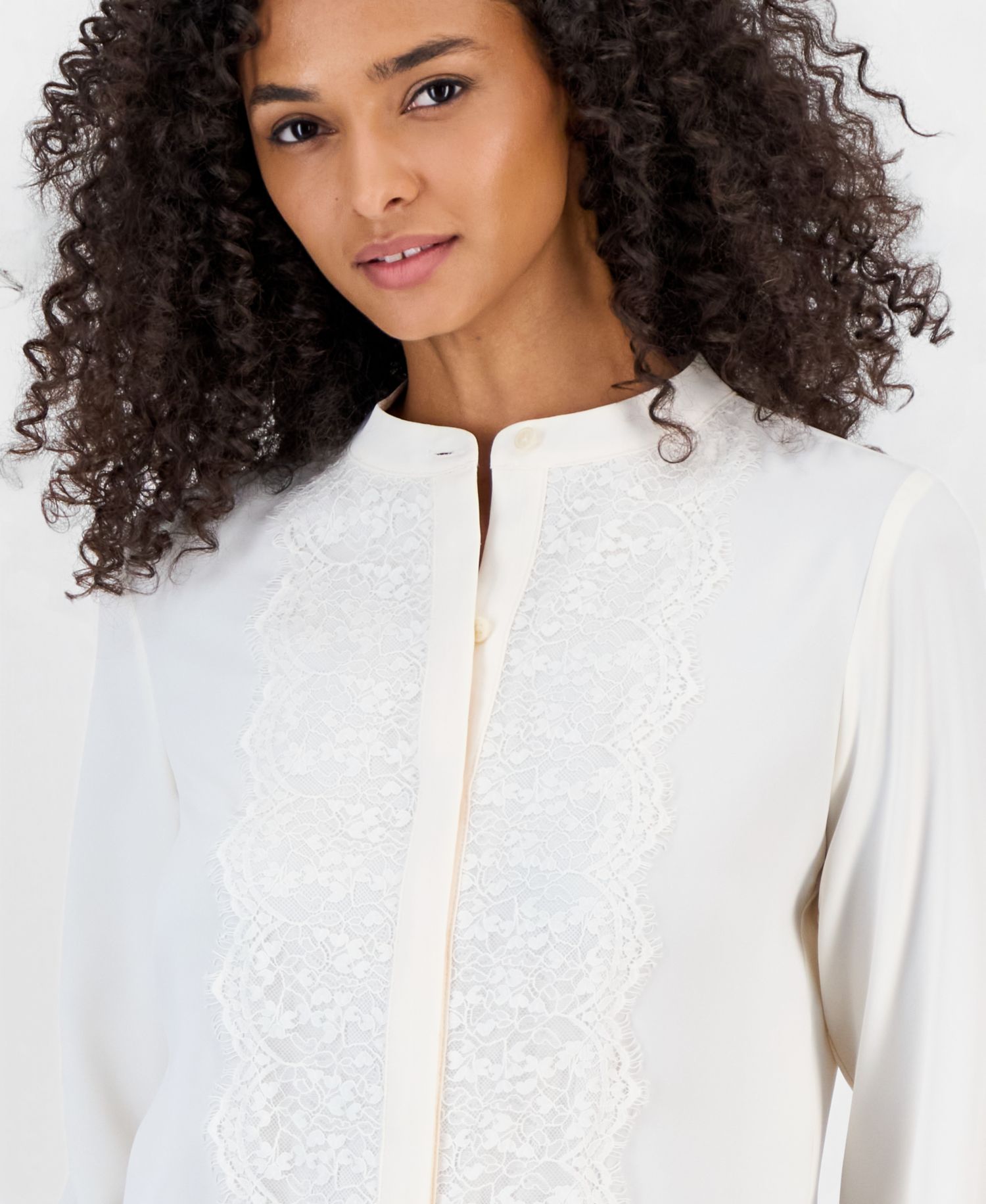 Petite Flutter Long-Sleeve Collared Lace Placket Blouse