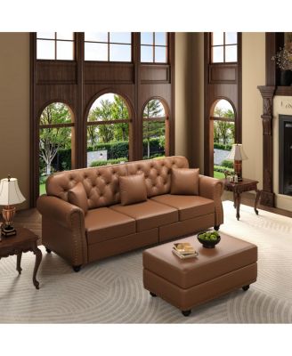 82.6'' Faux Leather Sofa with Ottoman, Nailhead Tufted, Wood Frame
