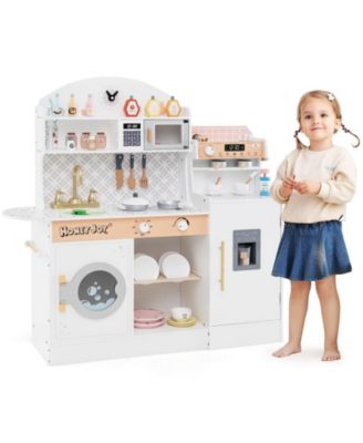 Kids Kitchen Set Wooden Kitchen Playset with Clock, Microwave, Sink, Dish Rack