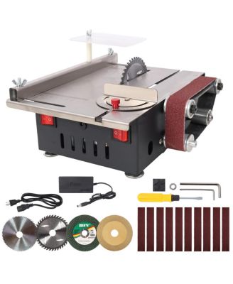 Mini Table Saw Belt Sander, Stainless Steel Top, 4 Blades,10 Sanding Belts,7 Gear 0-90 Adjustable Angle, DIY Cutting Tool