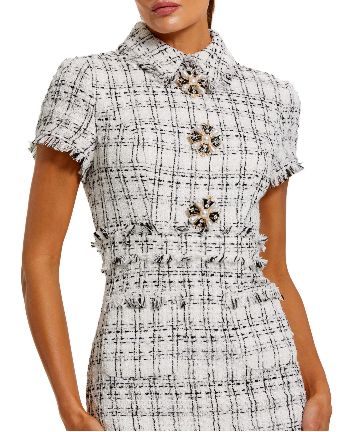 Women's Fitted Boucle Short Sleeve Button Up Midi Dress