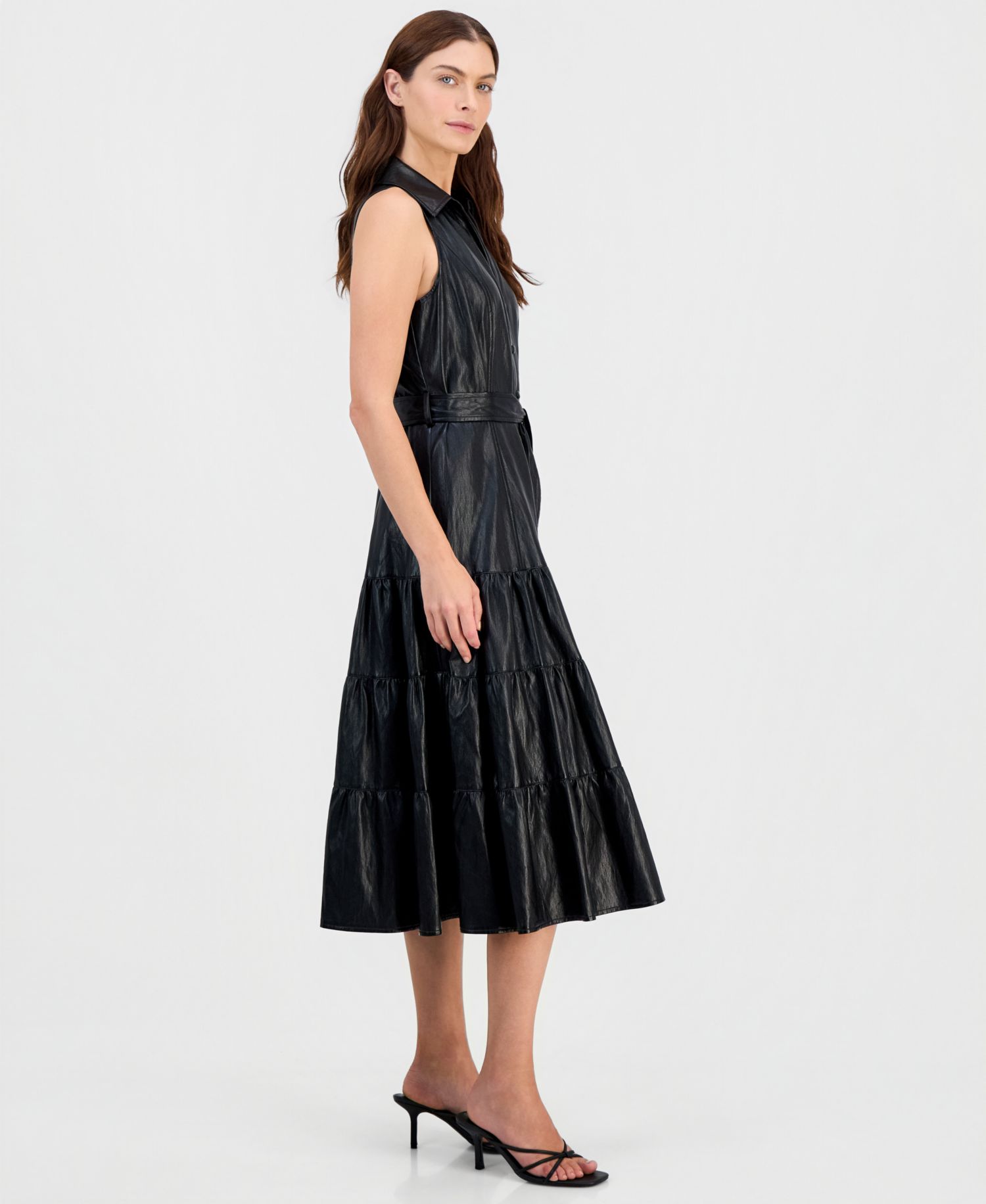 Women's Faux-Leather Tie-Waist Tiered Maxi Dress