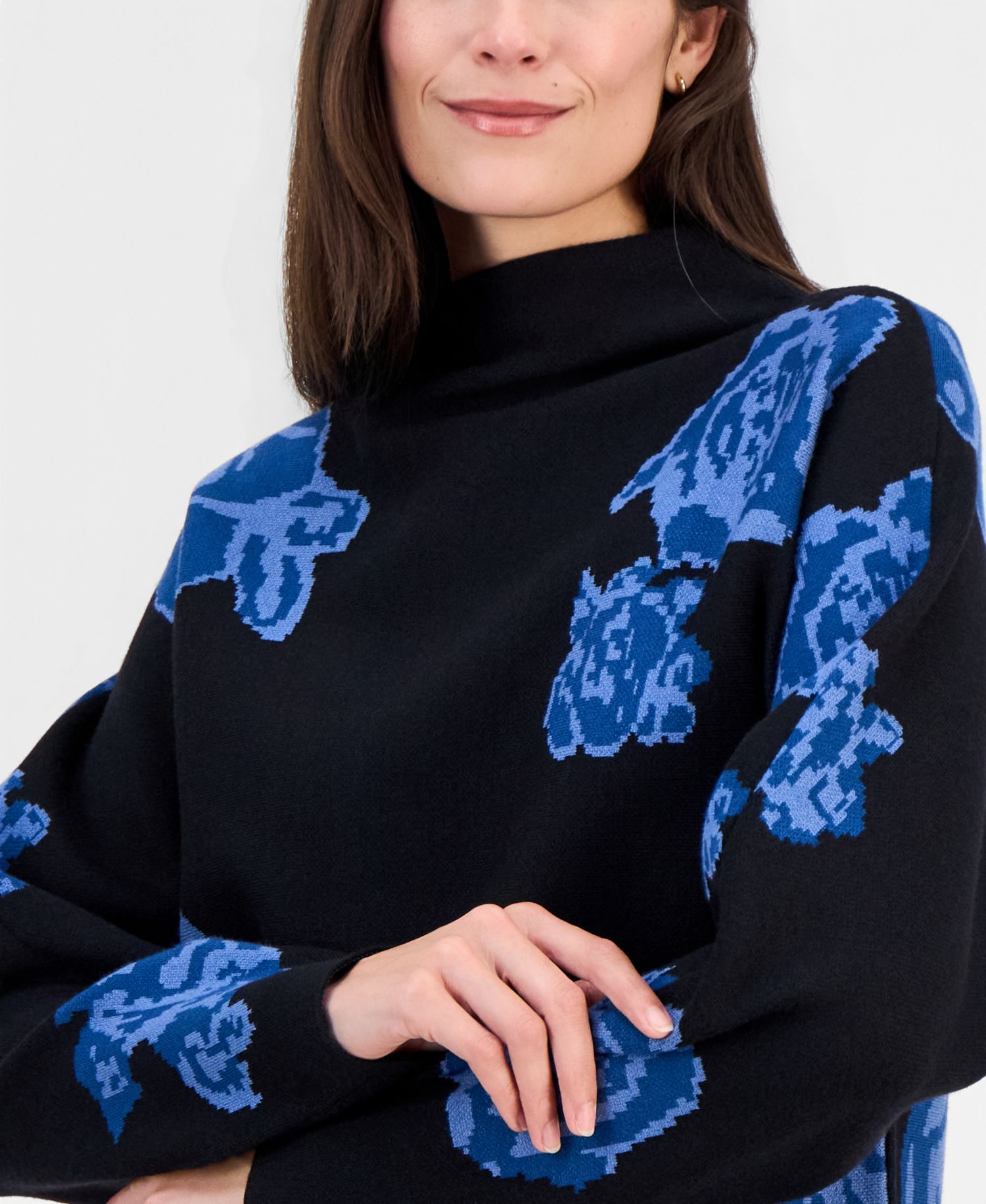 Women's Floral Jacquard Funnel-Neck Dolman-Sleeve Sweater