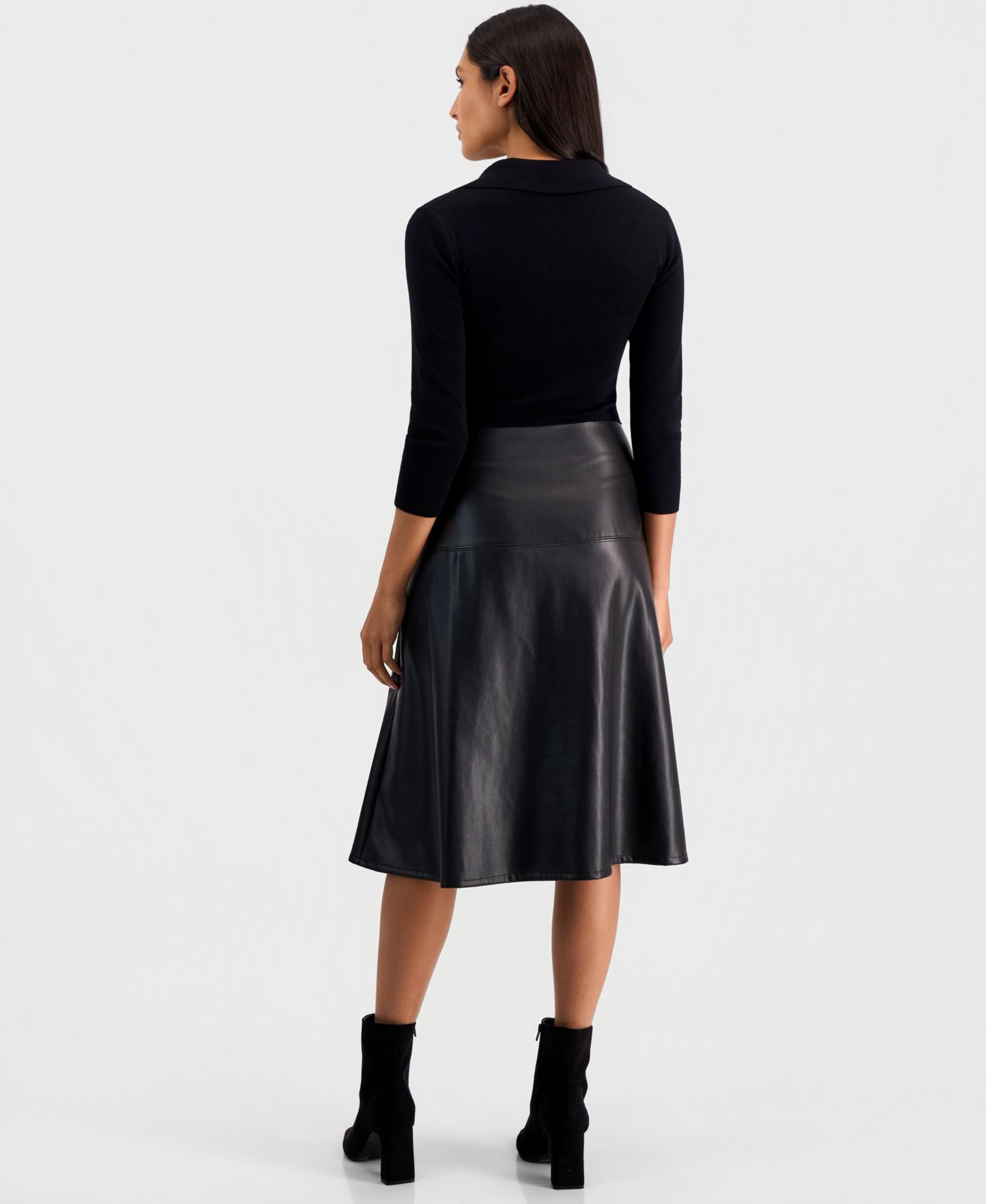Women's Faux-Leather-Skirt Split-Collar 3/4-Sleeve Dress