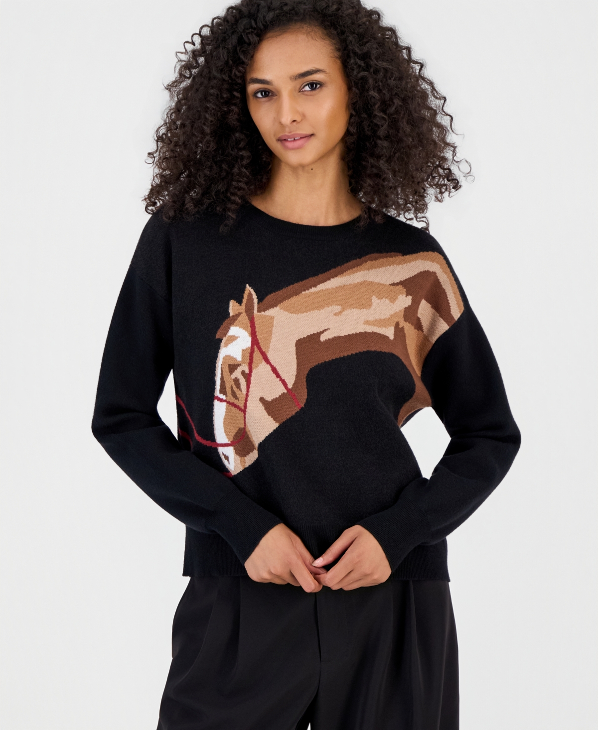 T Tahari Women's Intarsia-Knit Horse Graphic Long-Sleeve Sweater