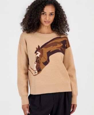 Women's Intarsia-Knit Horse Graphic Long-Sleeve Sweater