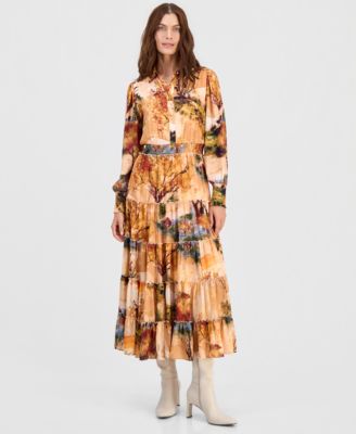 Women's Printed Smocked-Waist Ruffle-Tiered Dress