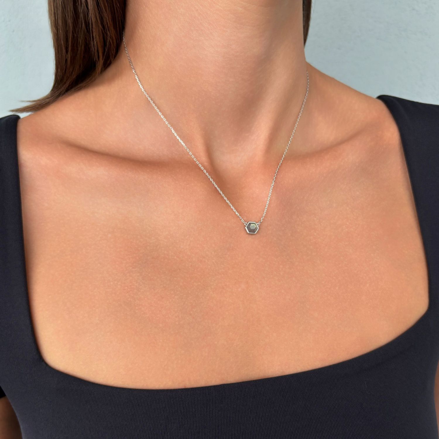 Silver Plated Hexagon Labradorite Pendant Necklace