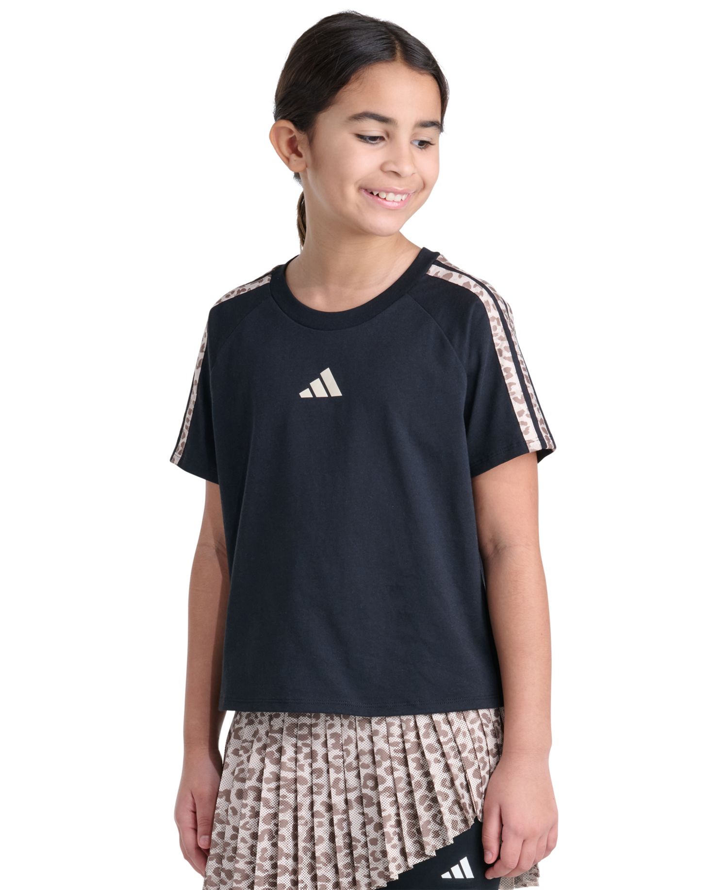 Girls' 8-16 Print 3-Stripe Short-Sleeve Raglan T-Shirt
