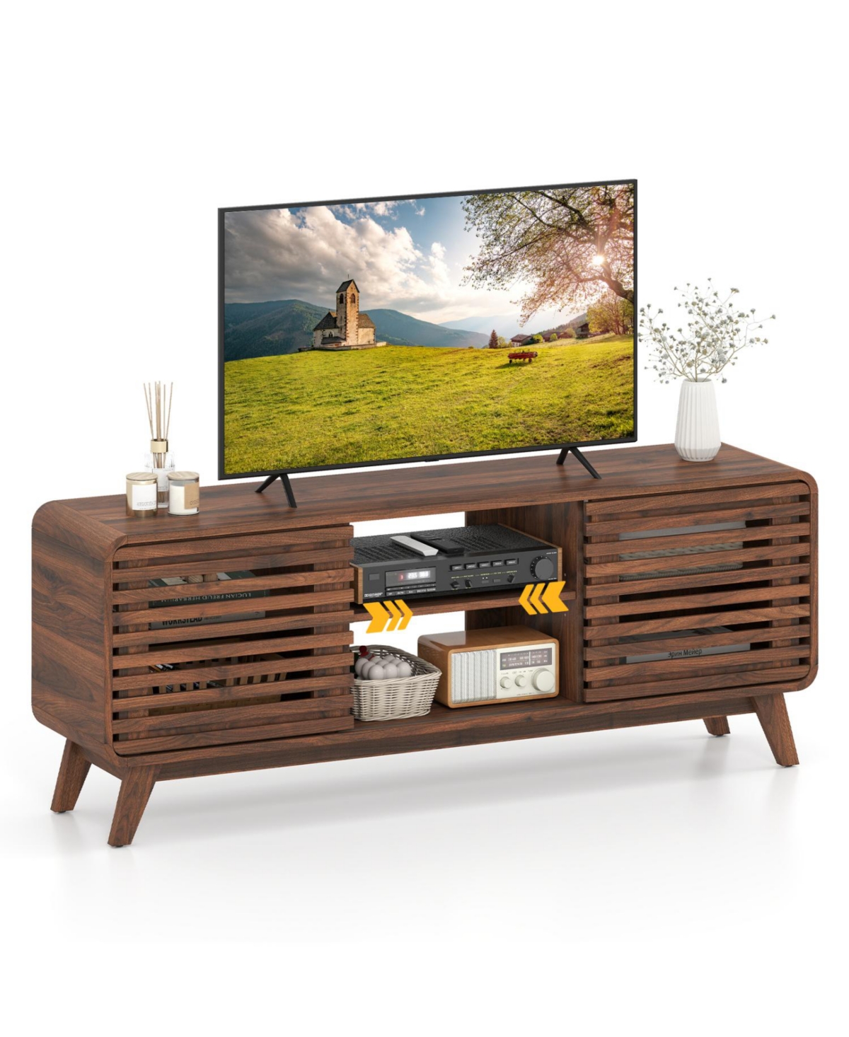 Slickblue Mid-Century Tv Stand with Sliding Grille Doors for Living Room