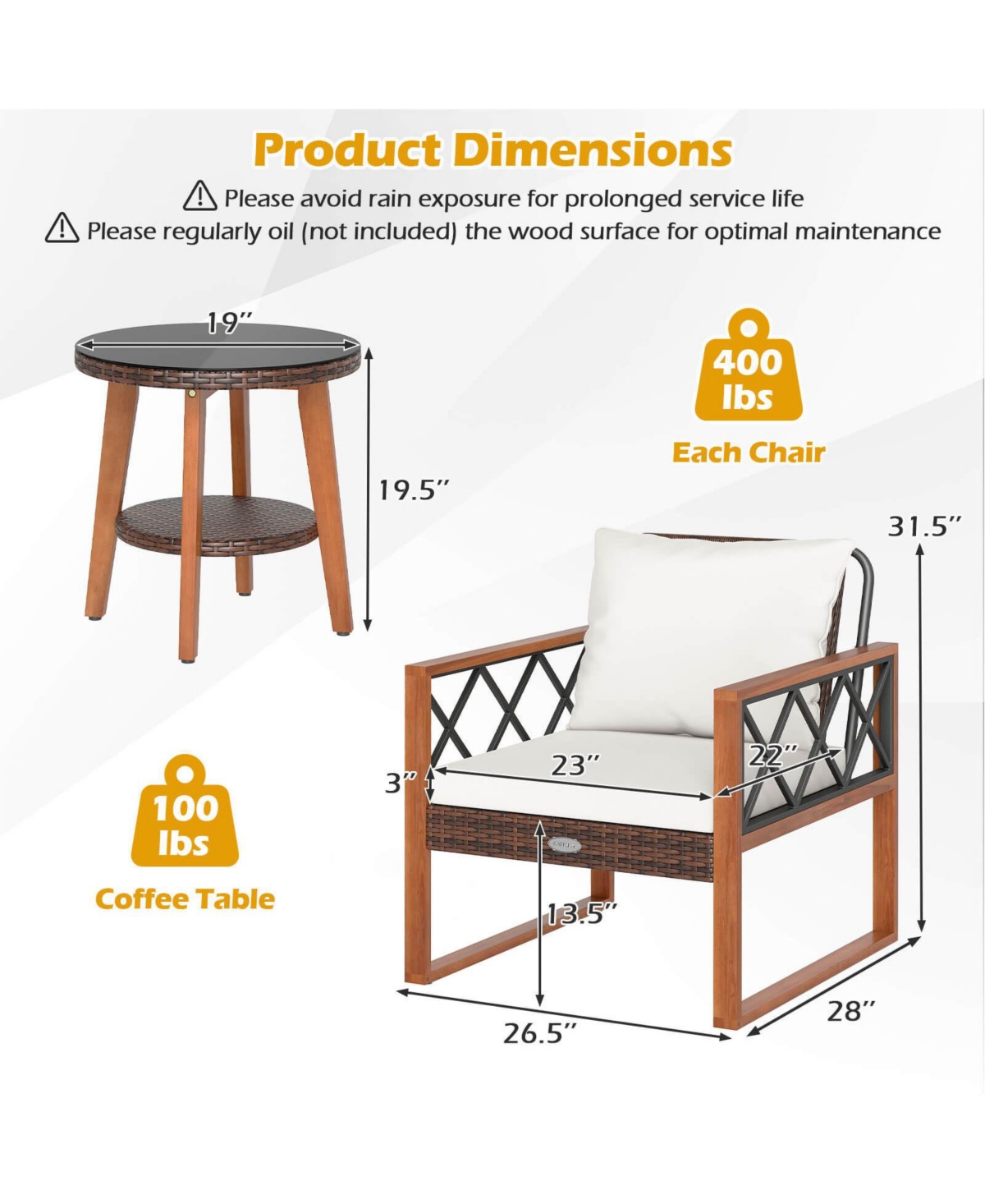 Costway 3 Pieces Patio Pe Wicker Furniture Set with Solid Acacia Wood Frame and Cushions