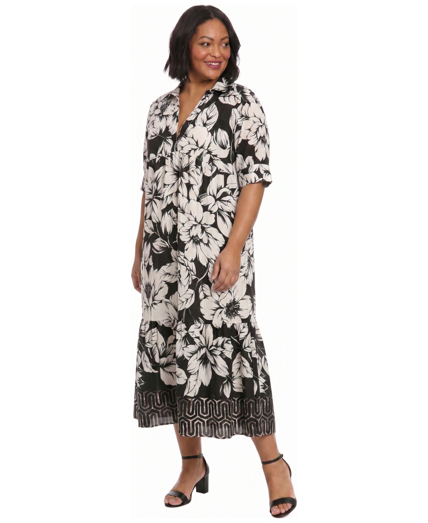 Plus Size Collared Placement Print Dress