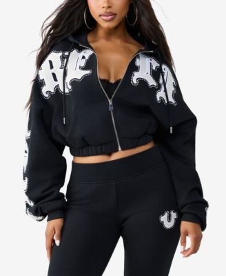 Women's Crystal Patched Relaxed Zip Hoodie Sweatshirt