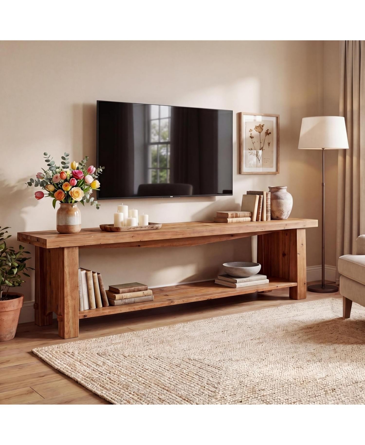 Tribesigns 63-Inch Solid Wood Tv Stand for 55-75-Inch Tv,Farmhouse Entertainment Center with Storage,Wooden Media Console for Living Room,Bedroom - Br