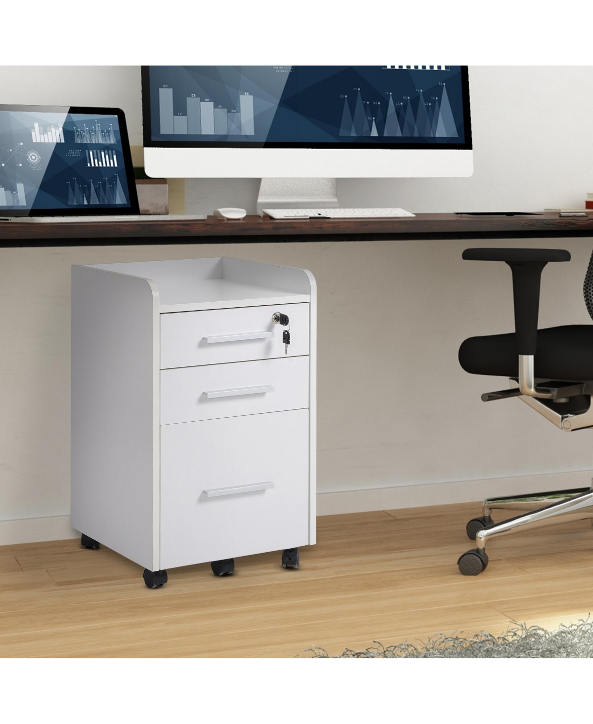 Homcom 3 Drawer Mobile File Cabinet, Lockable Filing Cabinet