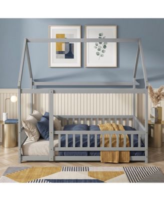 House Floor Wooden Bed with Roof Frame, Safety Guardrails
