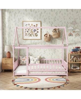 House Floor Wooden Bed with Roof Frame, Safety Guardrails