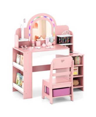 Kids Makeup Vanity Table and Chair Set with Color Changing LED Lights