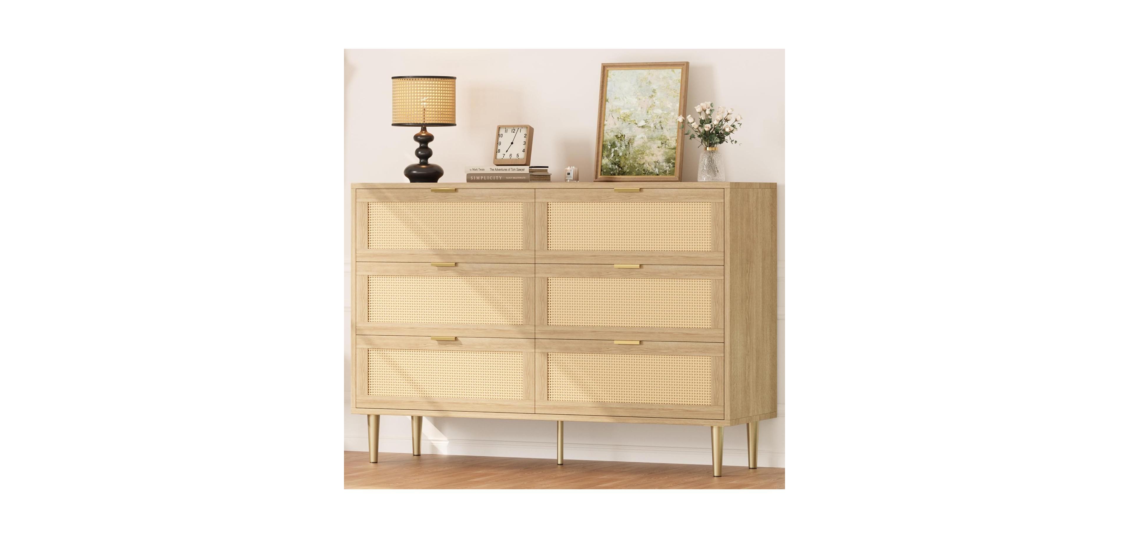 gaomon Rattan 6 Drawer Wide Double Dresser, Gold Handles & Legs Bedroom Storage Organizer