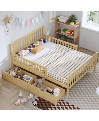 Simple Wood Platform Bed with Guardrails on Both Sides and Two Storage Drawers