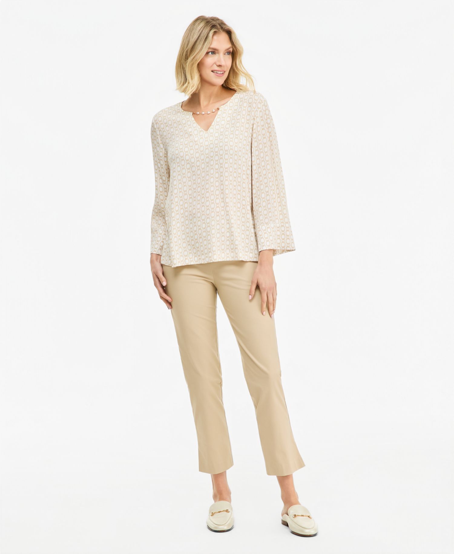 Petite Vertical Chain Top V-Neck Bell Sleeve Blouse