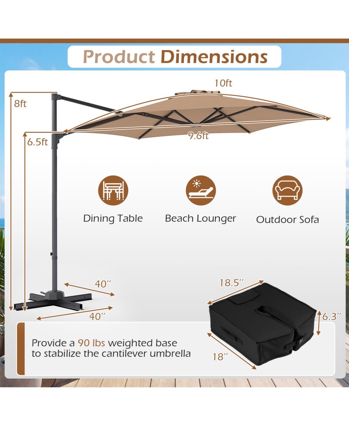 Gymax 10 Feet Outdoor Cantilever Umbrella with 360-Degree Rotation Air Vent Cross Base Included Patio