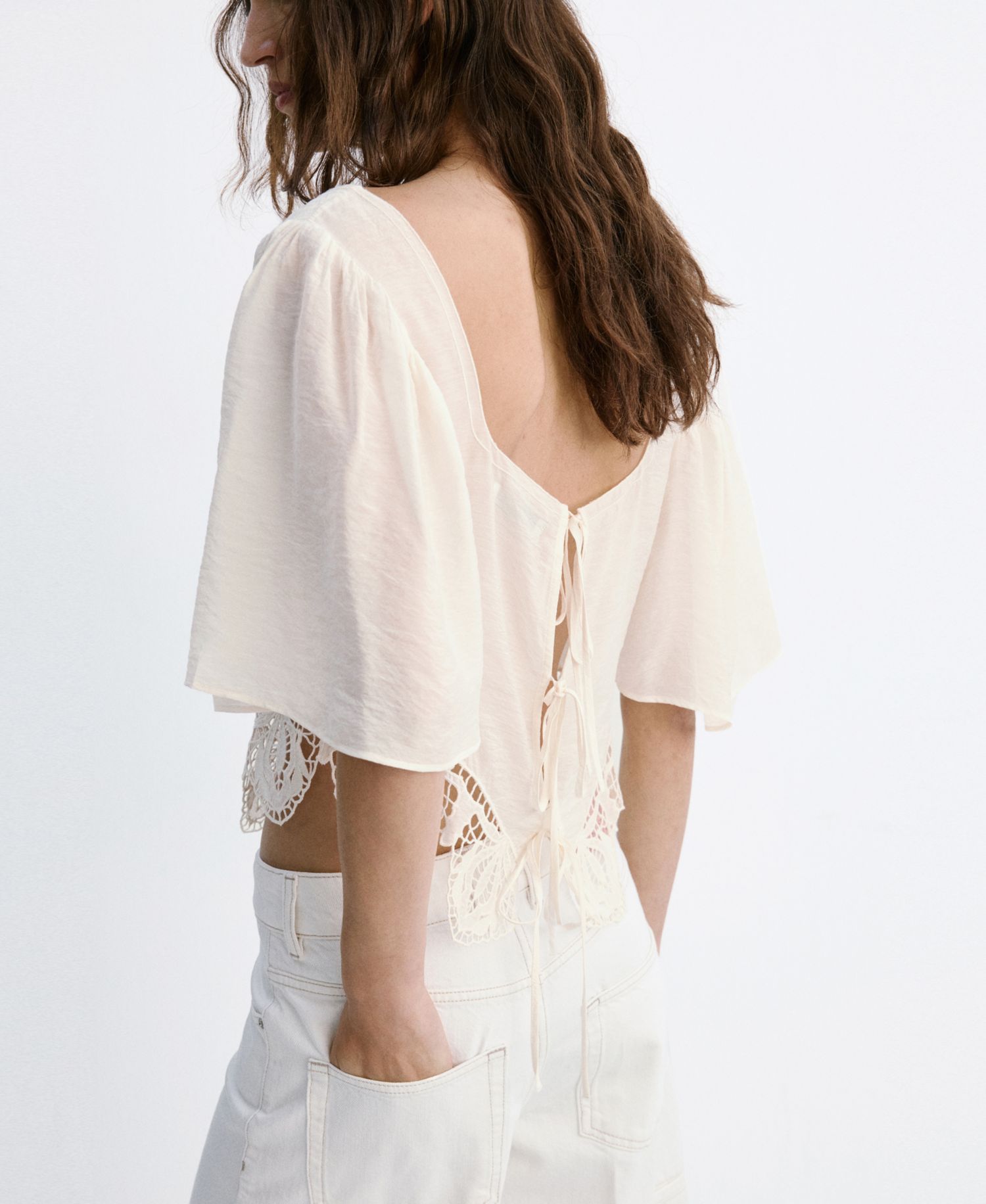 Women's Openwork Embroidery Cropped Blouse