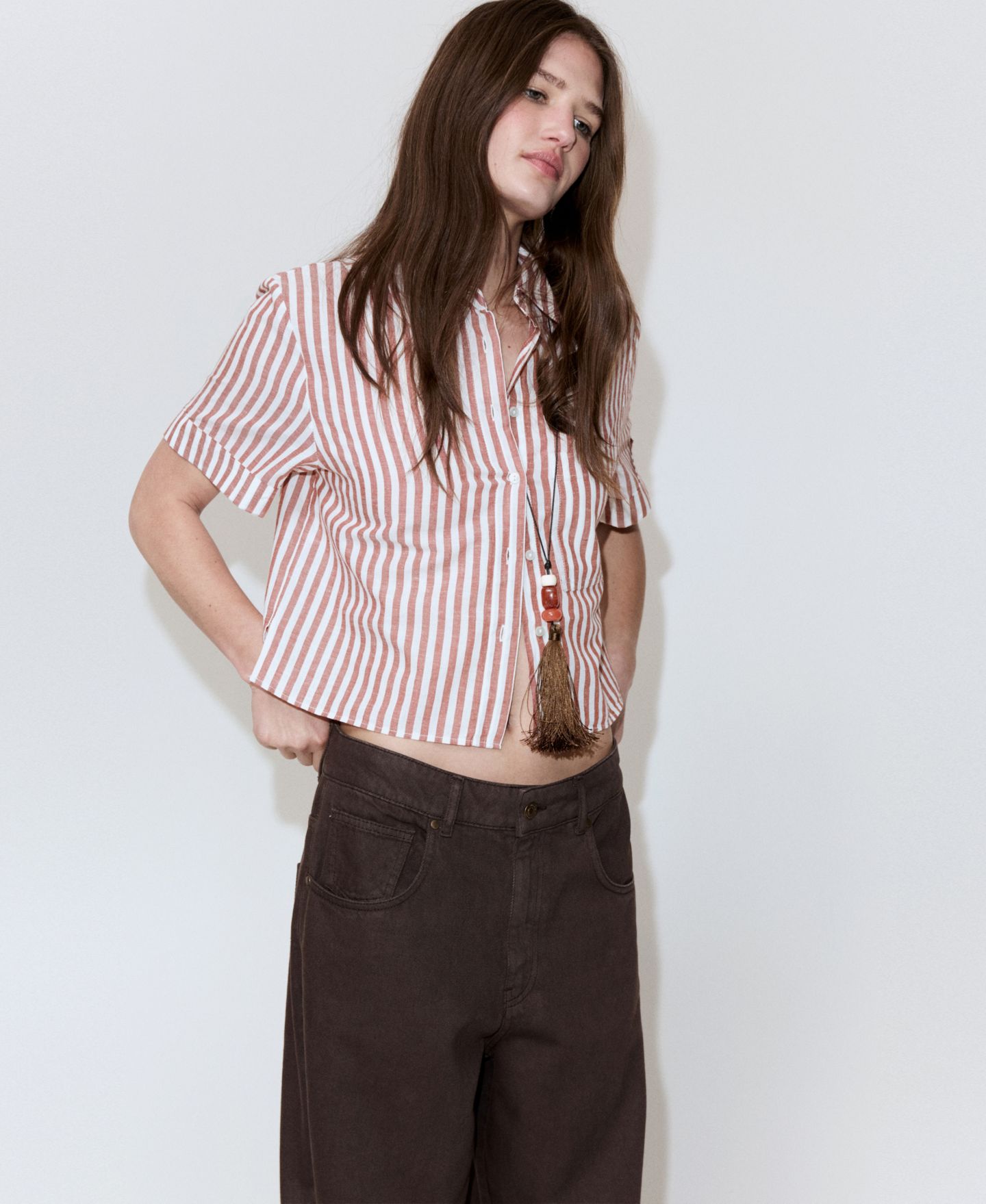Женская рубашка Mango Striped Cotton Linen, цвет: Тёмно-бордовый — фото 9