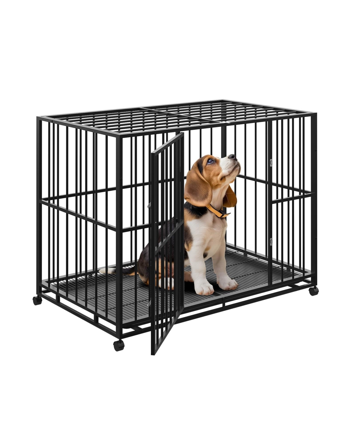 homfan Heavy Duty Dog Crate for Large Breeds, Steel Kennel with Locking Wheels