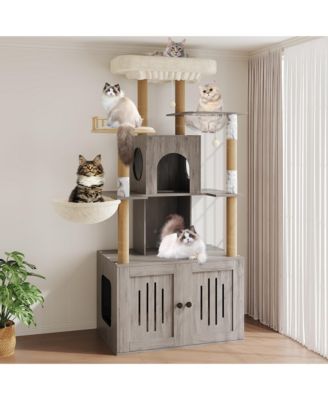 Cat Tree with Hidden Litter Box Enclosure, Multi-Level Tower, Large Perch, Sisal Scratching Posts, Condo and Hammock.