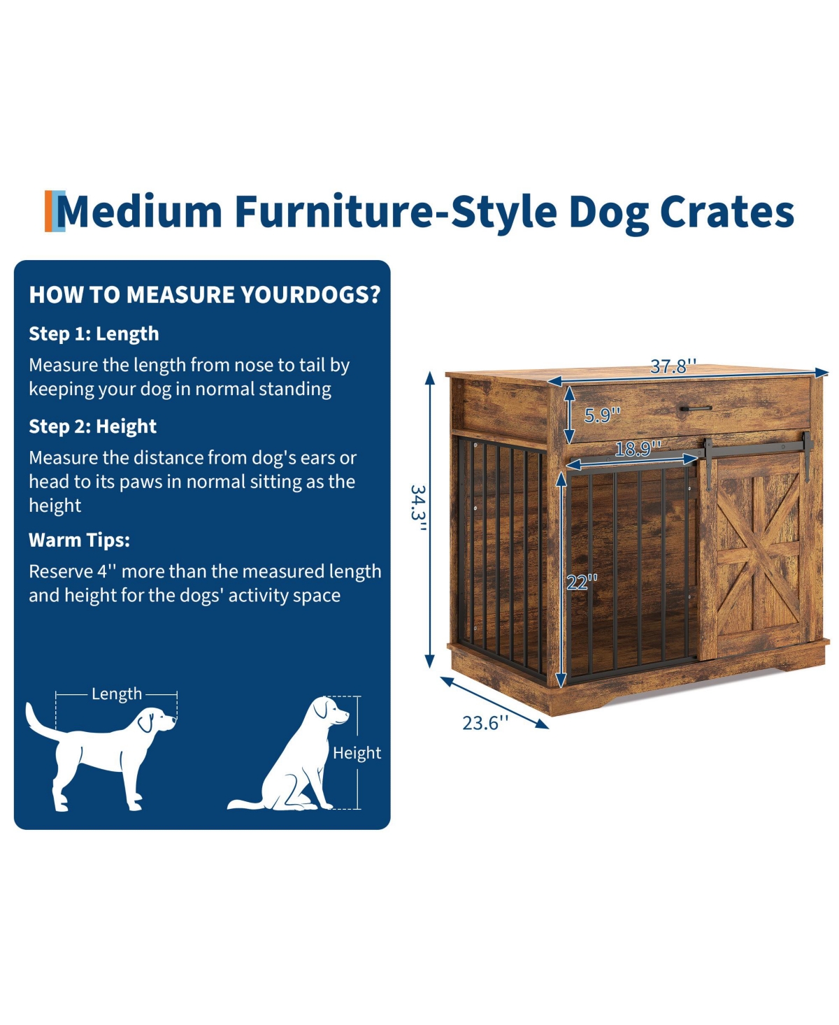 homfan Dog Crate Furniture, 38 Inch Brown Iron and Wood End Table with Sliding Barn Door and Storage Drawer for Small or Medium Dogs