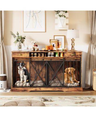 Homfan Double Dog Crate Furniture with Divider, Sliding Doors, Drawers & Shelves for Large & Medium Dogs
