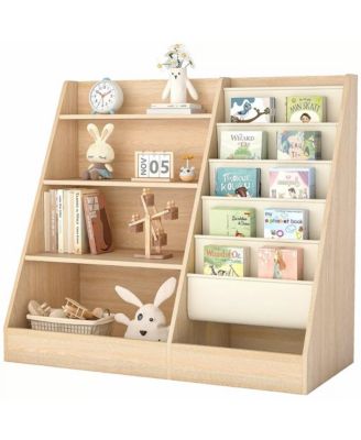 4-Tier Kids Bookshelf and Toy Storage Organizer with Sling Pockets