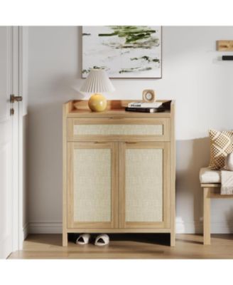 Boho Rattan Shoe Cabinet - Freestanding Boho Style Storage Organizer with Drawer