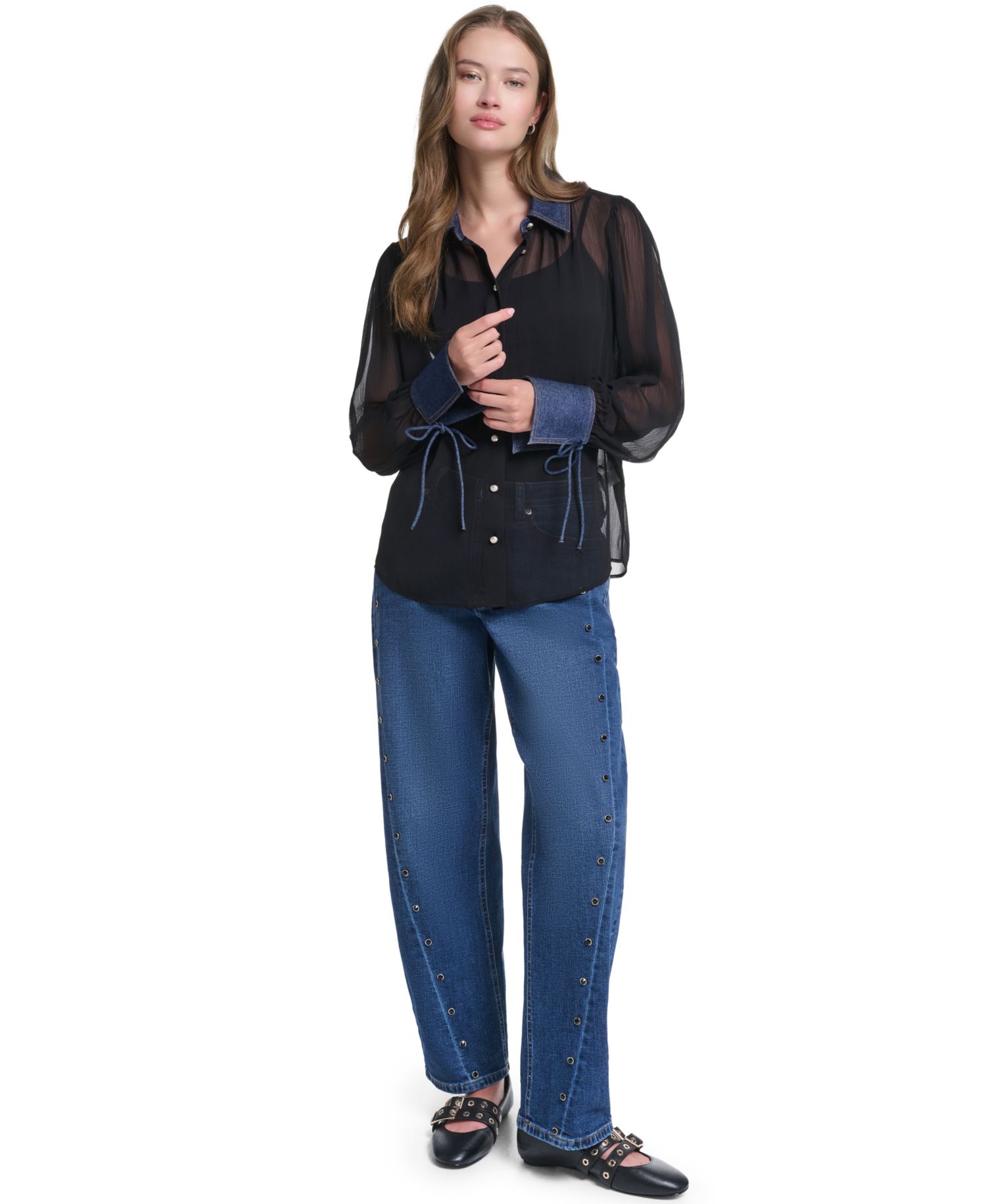 Petite Denim Collar and Cuff Crinkle Chiffon Button-Up Top