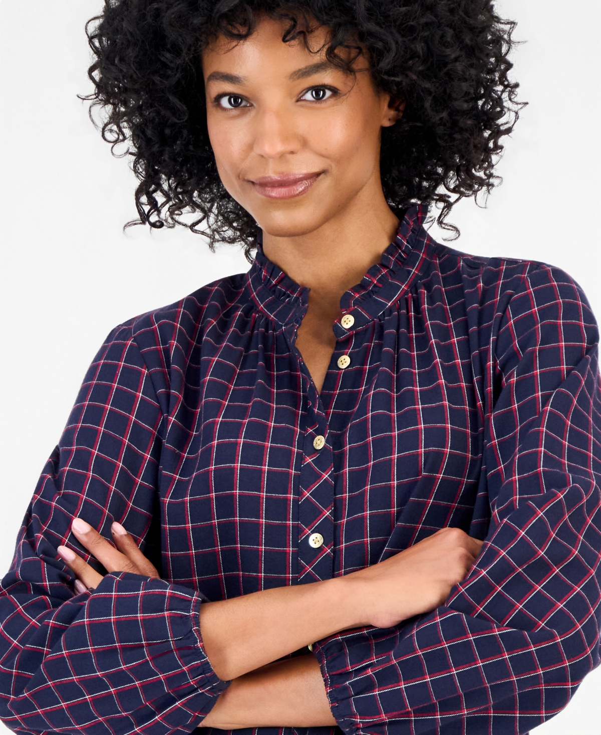 Nautica Women's Cotton Puff-Sleeve Flannel Shirt