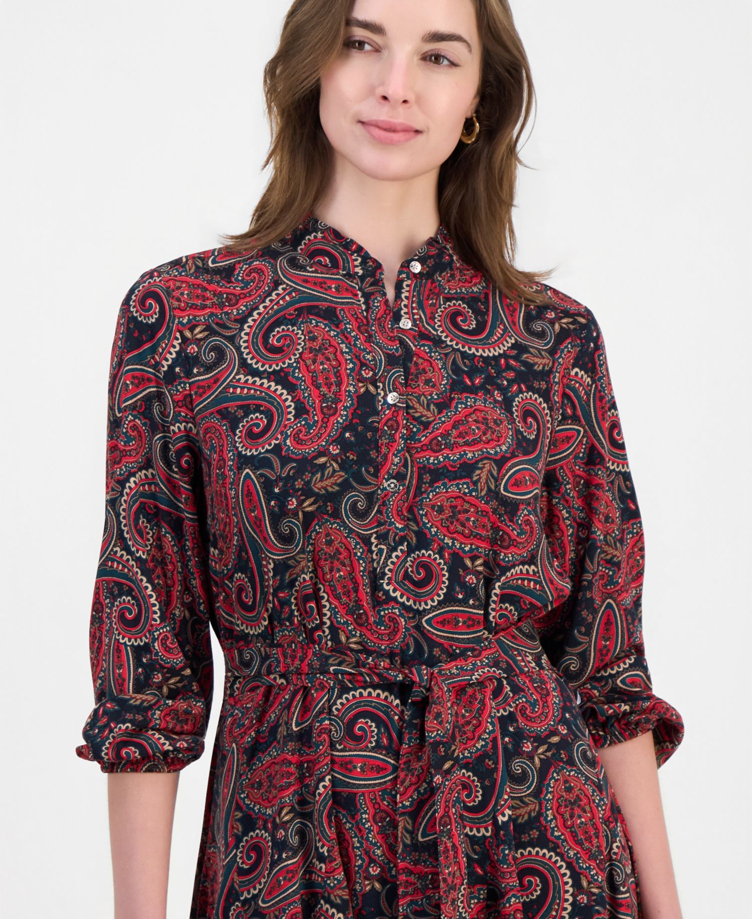 Women's Paisley Ruffle-Neck 3/4-Sleeve Shirtdress