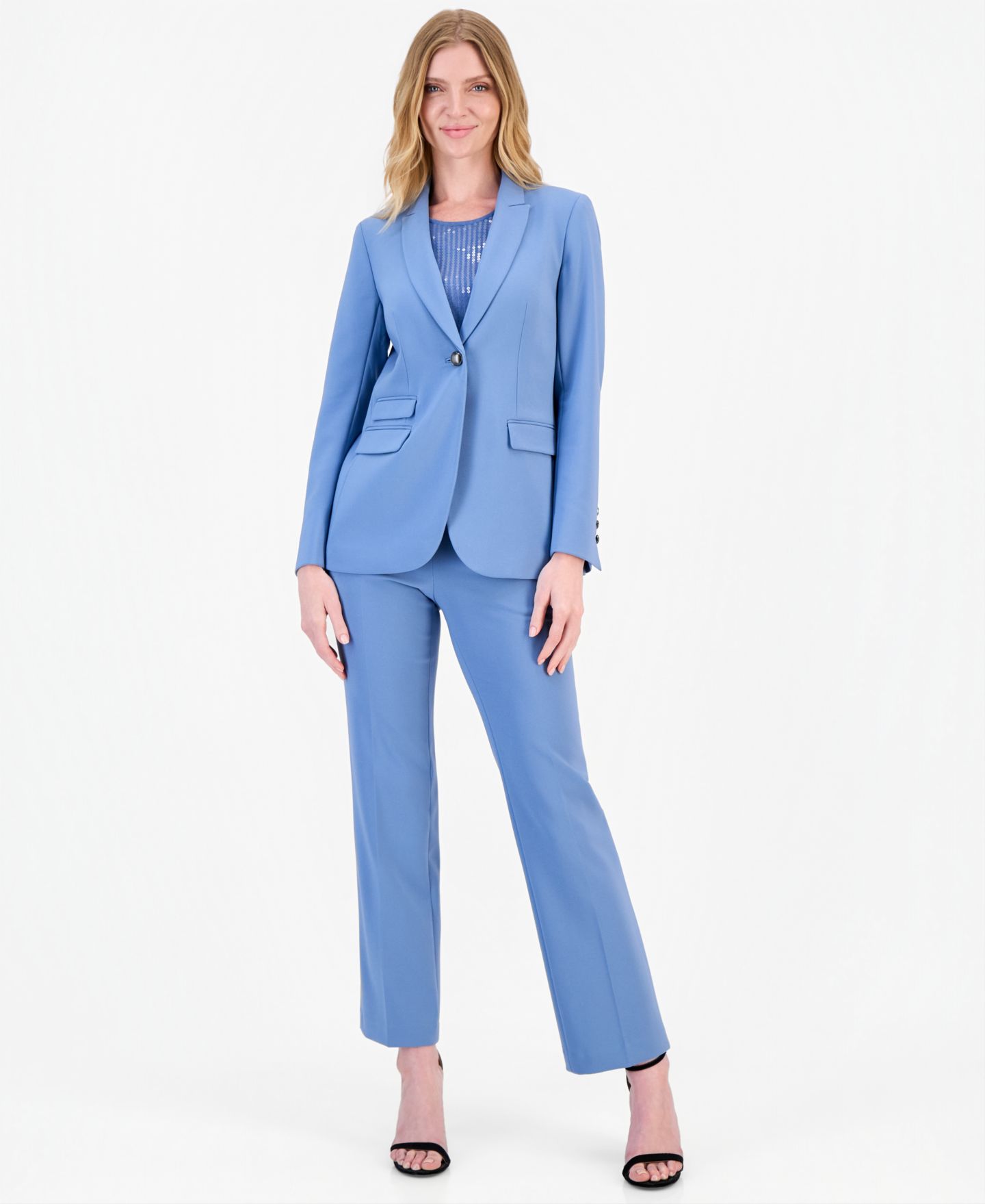 Женские комплекты Anne Klein One-Button Blazer, Sequin Tank Top & Straight-Leg Pants, цвет: Синий — фото 1