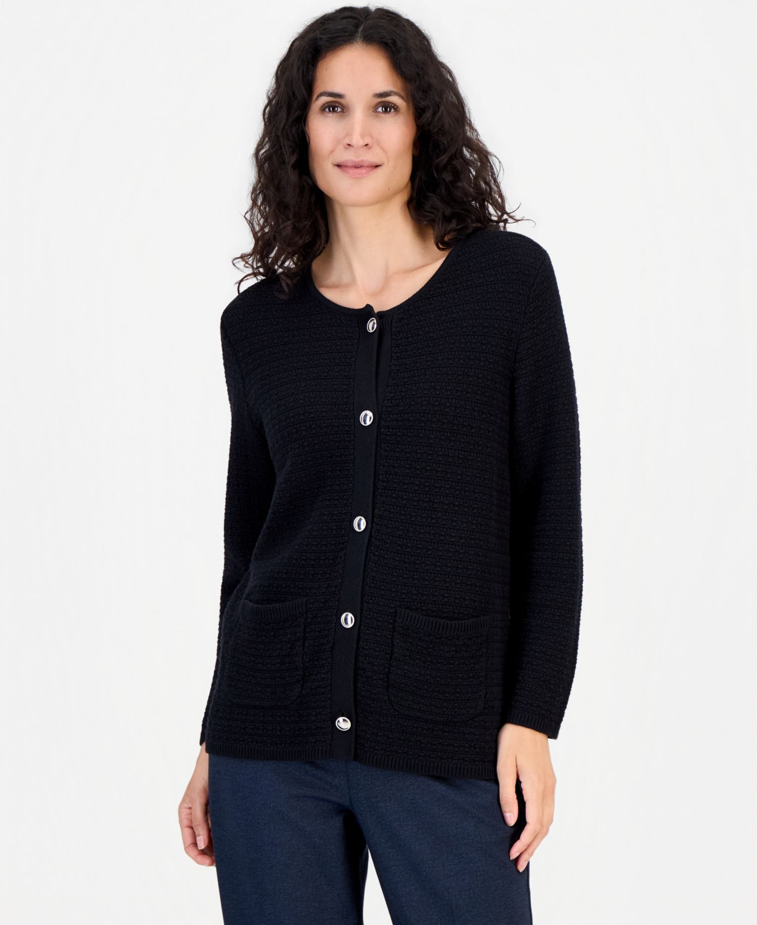Women's Collarless Button-Front Cardigan