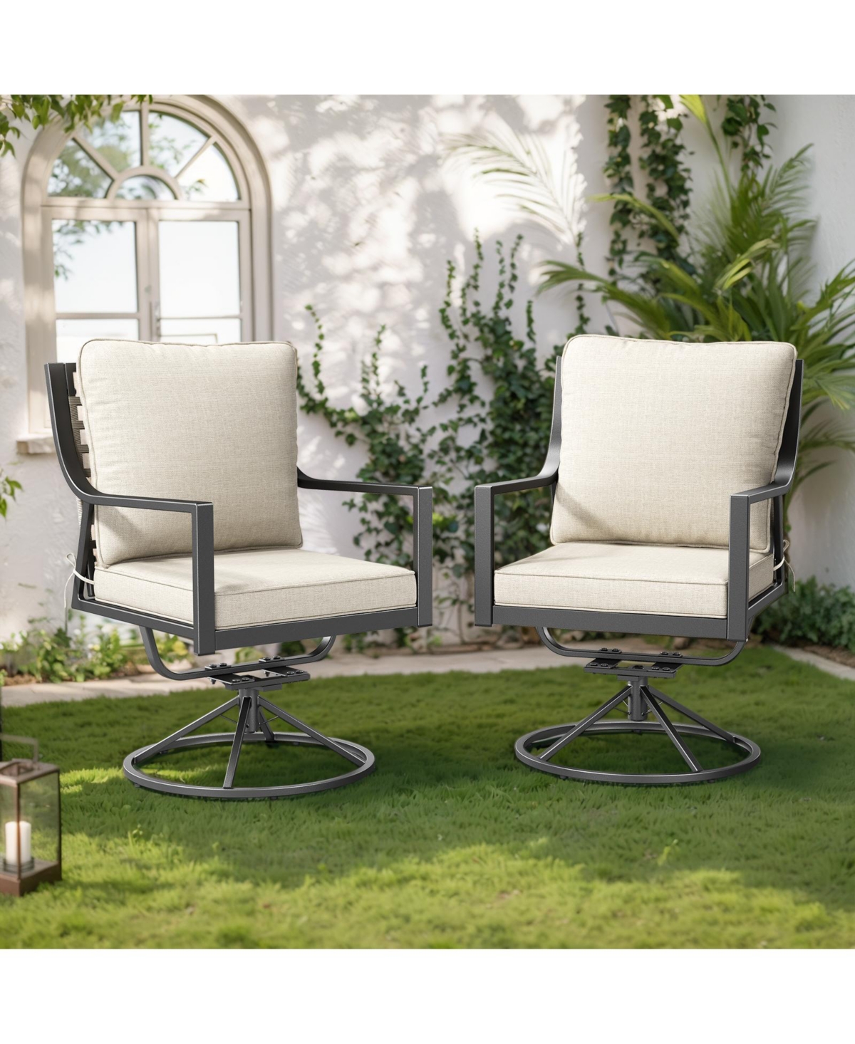 Pocassy Patio Swivel Chairs Set of 2, Outdoor Dining Chairs High Back with Olefin Cushion, Metal Rocking Frame for Backyard Lawn Garden