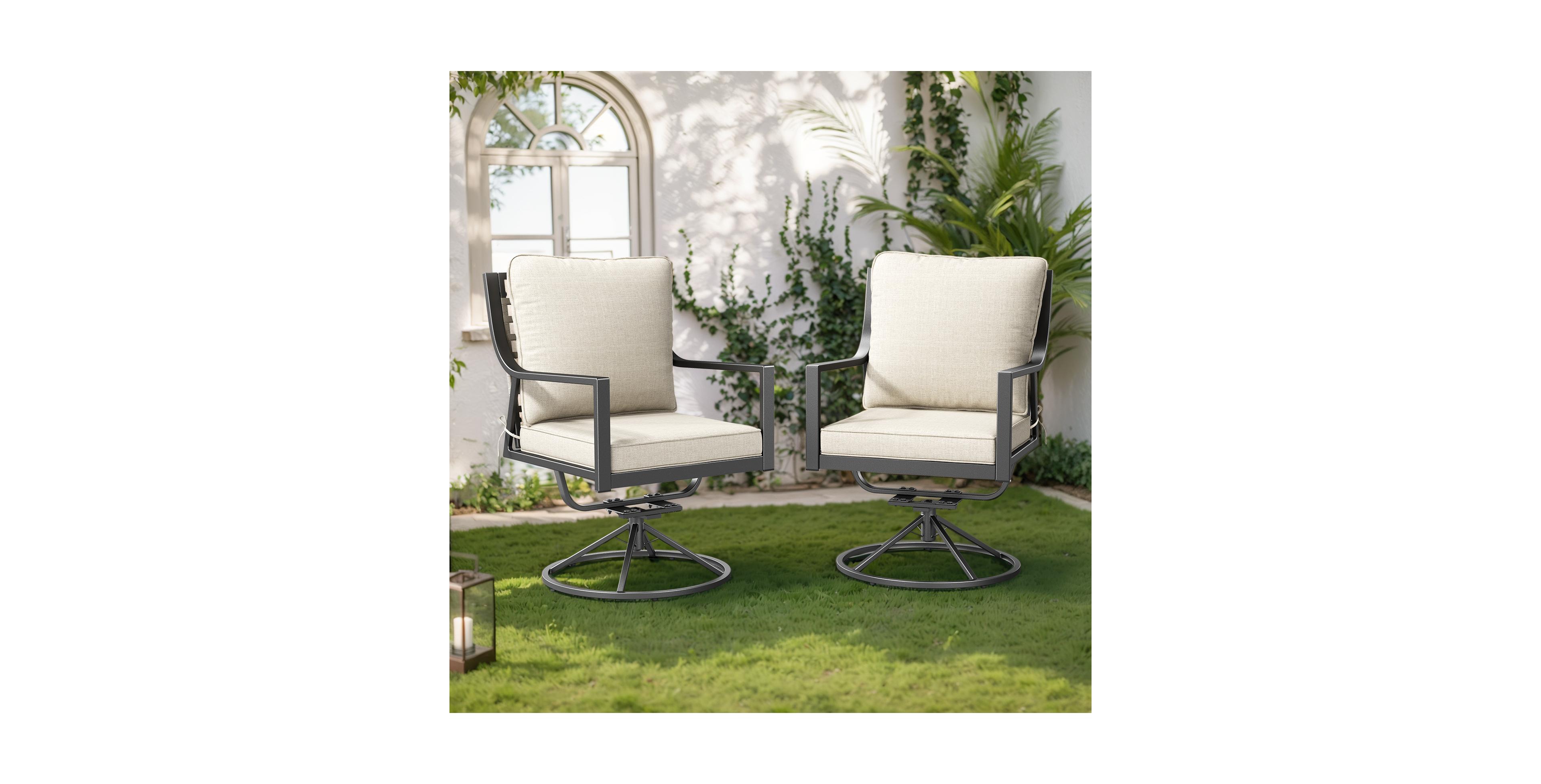Pocassy Patio Swivel Chairs Set of 2, Outdoor Dining Chairs High Back with Olefin Cushion, Metal Rocking Frame for Backyard Lawn Garden