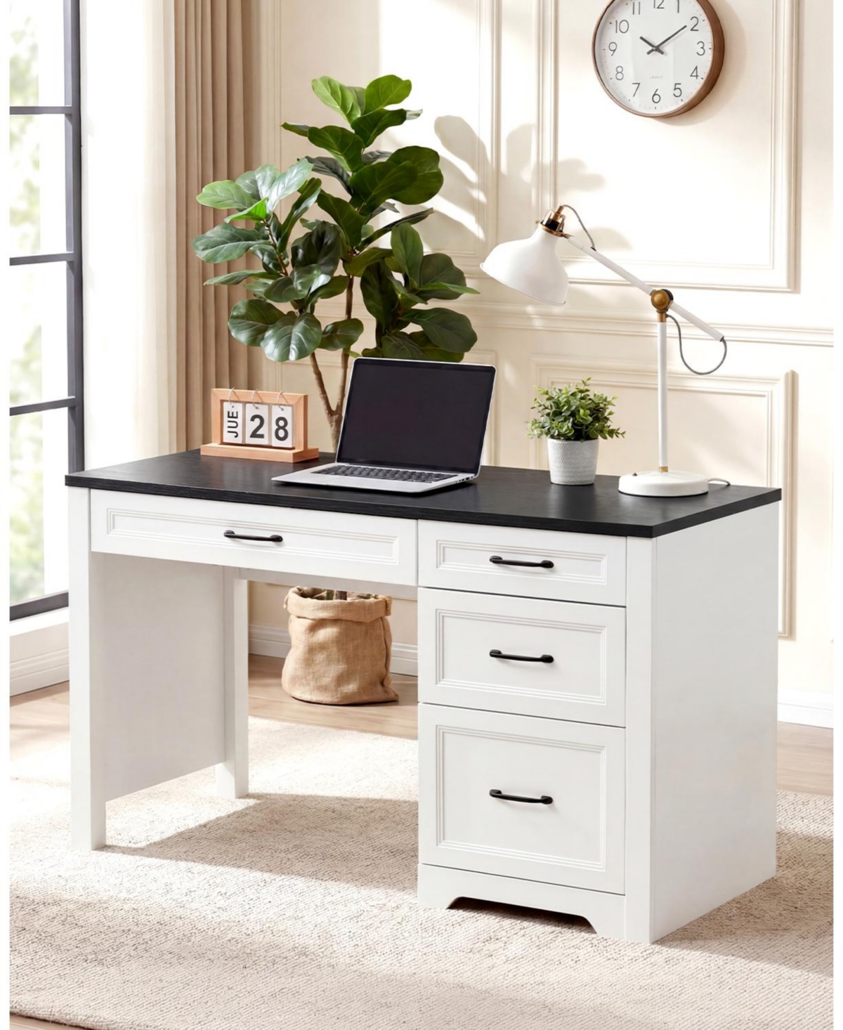 homfan Farmhouse Executive Desk with File Cabinet and Storage Drawers - Space-Saving Small Home Office Desk for Bedroom or Study