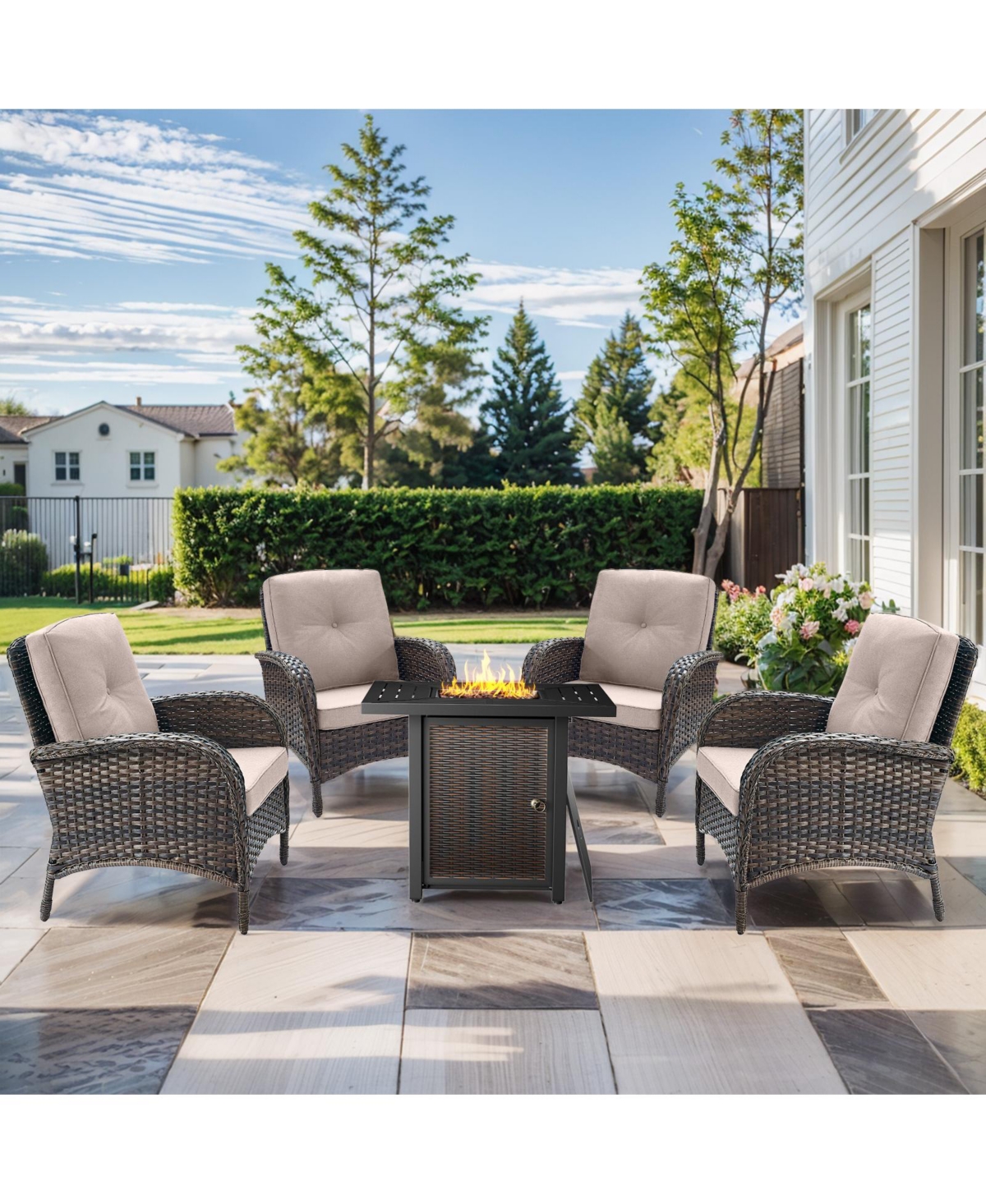 Pocassy Rattan Furniture Set with Fire Pit Table Sectional Sofas All Weather Wicker Conversation for Garden Backyard