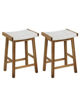 Set of 2 25.5" Dining Saddle Stool Counter Height Seaweed Woven Seat Solid Wood