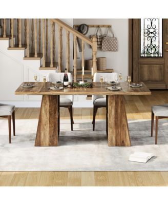Rectangular Dining Bench Table, Thick Wood Grain Tabletop, Trapezoid Support Legs with Side Open Storage Shelf for Kitchen Dining