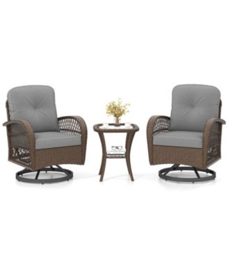 3-Piece Patio Swivel Rocker Set with Tempered Glass Side Table and Thick Cushions