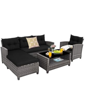 4 Pieces Patio Rattan Sofa Furniture Set with Cushion and 2-Tier Table
