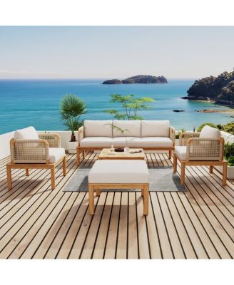 5-Piece Acacia Wood Outdoor Conversation Sofa Set with Rope Weave and Waterproof Cushions